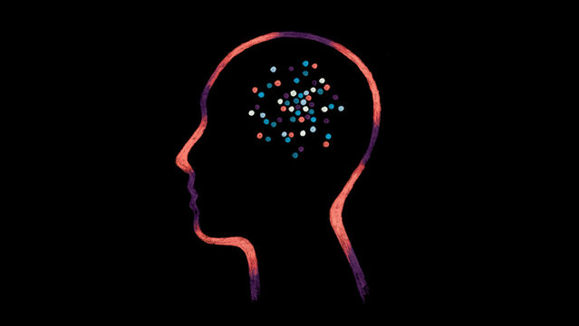 Head with thoughts as pattern orange blue on black
