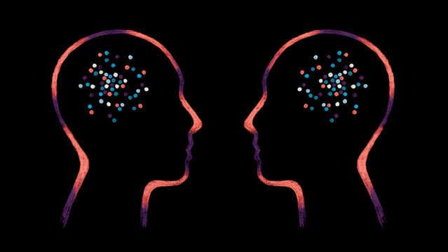 Heads with thoughts as pattern orange blue on black