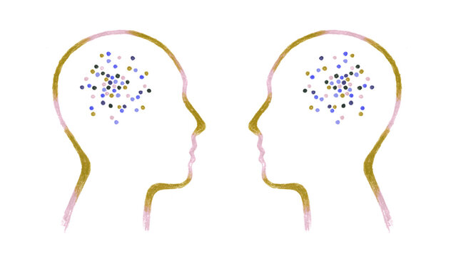 Heads with thoughts as pattern gold purple on white