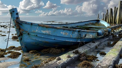 Super realistic image of a sky blue fishing boat swamped by seaweed and barnacles on an old pier