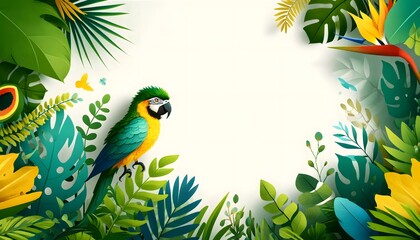 A colorful parrot isolated with an illustration of tropical leaves, featuring bright greens, yellows, and blues. The detailed artwork captures the essence of a vibrant tropical setting.