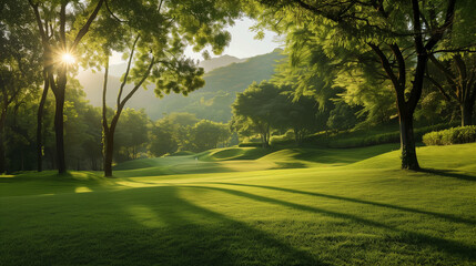 Obraz premium Sunlight Filtering Through Trees on a Golf Course