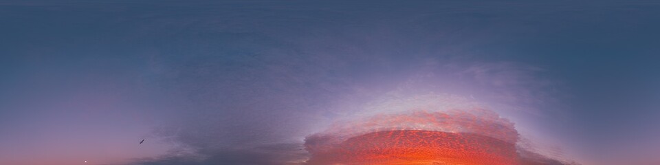 Red burning sunset sky panorama with Cumulus clouds. Seamless hdr 360 pano in spherical equirectangular format. Sky dome or zenith for 3D visualization, sky replacement for aerial drone panoramas