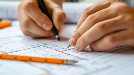 Close-Up Portrait of Architect Marking Blueprints | Home Renovation Project, Natural Daylight, Professional Design