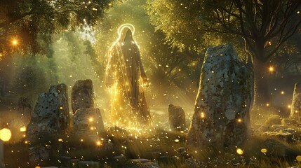 Visions of the Ancient Druid: Mystical Lights in the Sacred Grove This scene reveals a druidic figure enveloped in mystical lights within a sacred grove, invoking ancient powers.