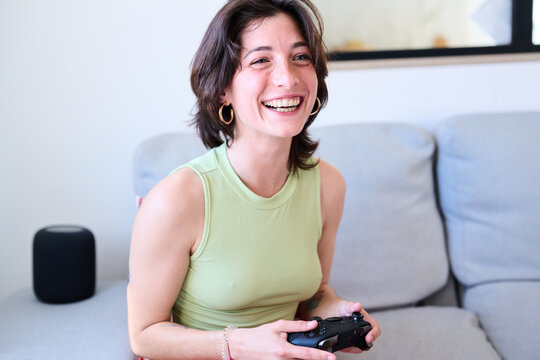 Having fun playing the video console