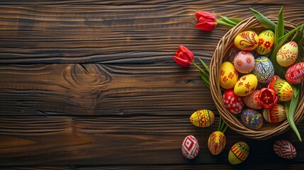 Top view of a full basket of colorful Easter Eggs on wooden table with turlip flower