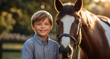 Obraz premium Portrait of happy little boy with a horse on a nice summer day. Interacting with horses encourages emotional bonding and can help children develop trust, empathy, confidence and help reduce anxiety