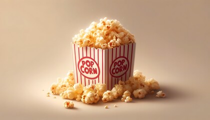 Realistic illustration of a popcorn bucket filled with freshly popped popcorn, ideal for advertising and promotional materials.  