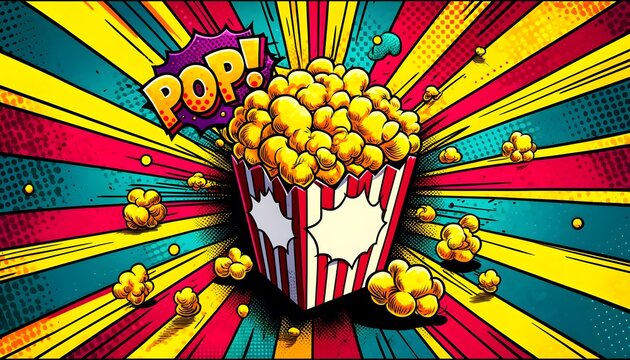 A pop art style depiction of a popcorn box, filled with fluffy, golden kernels against a dynamic background. The bold colors and playful elements capture the spirit of fun and excitement.