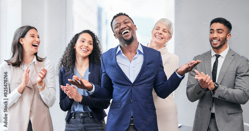 Poster business people, smile and clapping in office for promotion of coworker with support in diverse comp