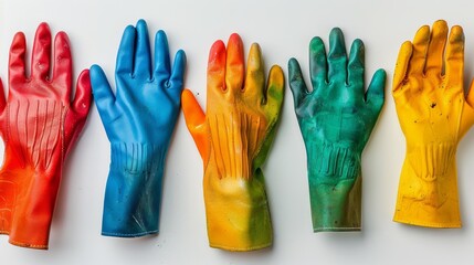 Five Different Colored Gloves Lined Up in a Row