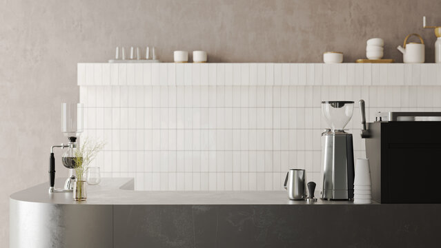 Bar counter with coffee brewing equipment, 3d render