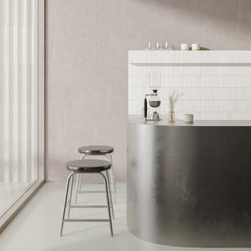 Cafe bar interior with mtal counterand bar stools, 3d rendering