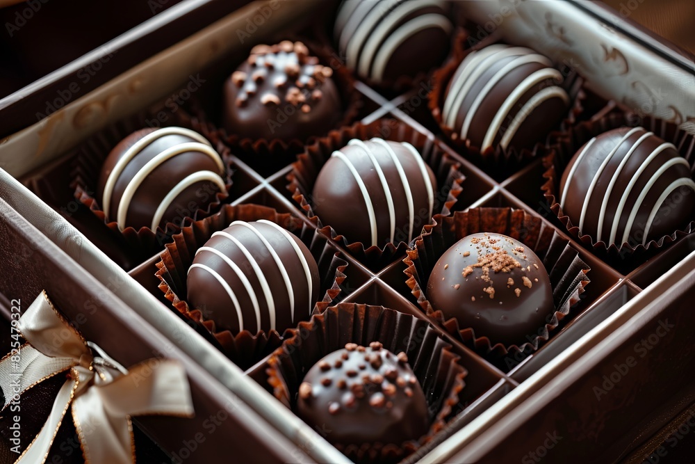 Poster elegant box of chocolate truffles adorned with a ribbon, showcasing rich dark colors in a luxurious 