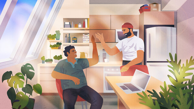 Illustration of two men talking in modern kitchen.