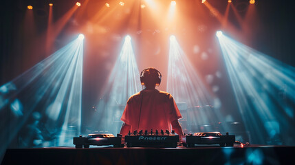 DJ Performing in Front of Bright Stage Lights