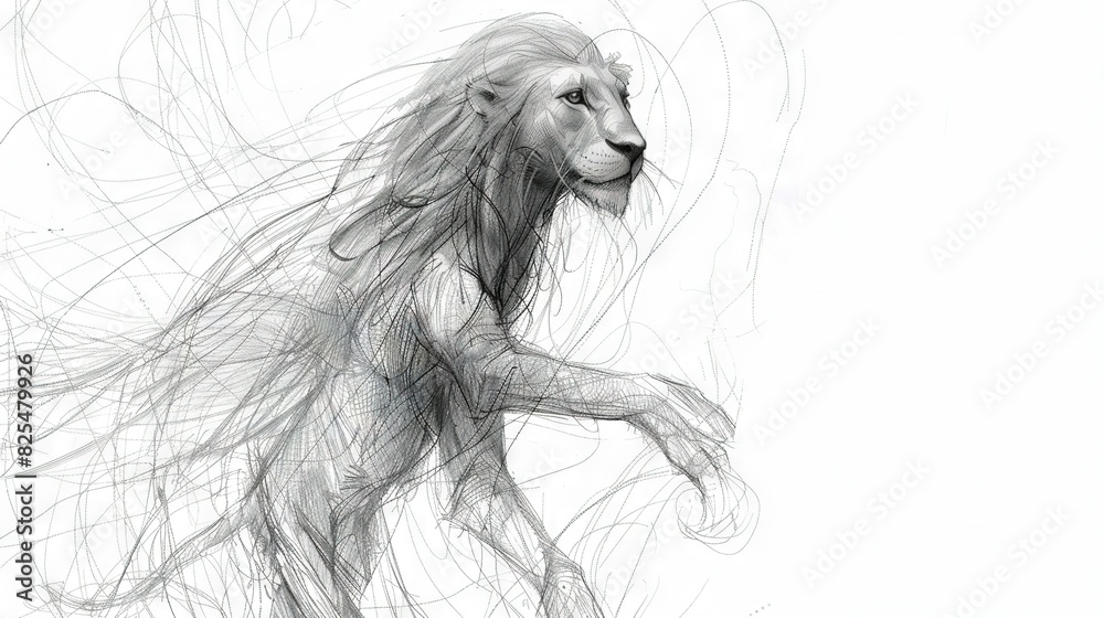 Wall mural   A monochromatic illustration of a regal lion with an extended mane and tail, in motion, gazing obliquely