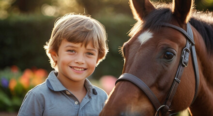 Obraz premium Portrait of happy little boy with a horse on a nice summer day. Interacting with horses encourages emotional bonding and can help children develop trust, empathy, confidence and help reduce anxiety