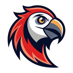 A logo design featuring a stylized Parrot closeup face front with a happy expression 