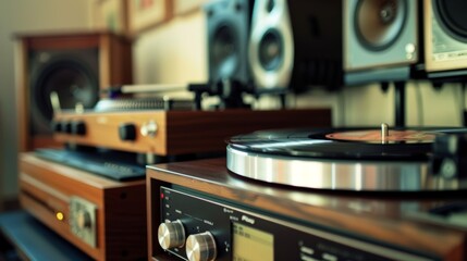 Obraz premium A dazzling display of audio components including a turntable CD player and receiver designed for superb sound quality.