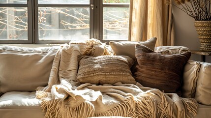 AI generated illustration of a comfortable couch with cozy blankets and cushions by a window