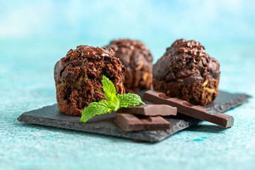 Close-up of chocolate muffins with zucchini.