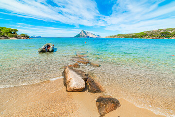 Rubber dingy in a beaufitul beach in Costa Smeralda