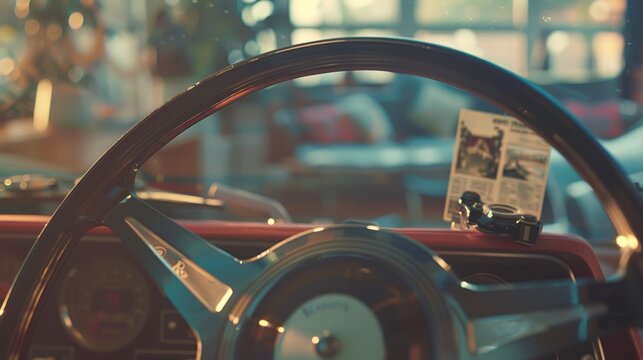 Vintage car steering wheel interior close up for retro or classic car themed designs