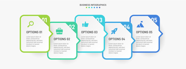 Horizontal progress bar featuring 5 arrow-shaped elements, symbolizing the five stages of business strategy and progression. Clean timeline infographic design template. Vector for presentation