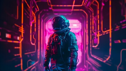 Fototapeta premium Sci-fi Retrowave space illustration of science fiction scene with mysterious astronaut figure in space suit surrounded by glowing neon tube lights