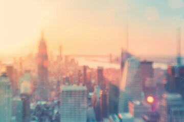 Obraz premium Blurred cityscape background with a bokeh effect An abstract blurred light pastel colors background depicts sunlight, sun rays and a blurred city skyline Generative AI