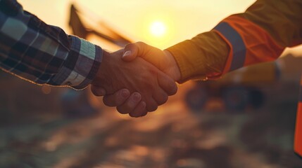 Successful deal, male architect shaking hands with client in construction site after confirm blueprint for renovate building.