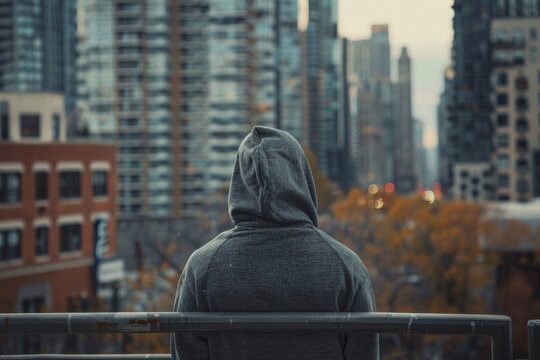 Young man in hoodie staring at city during the day - urban delinquency - street crime - youth issues