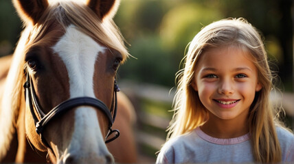 Fototapeta premium Portrait of cute happy smiling little girl with horse on a beautiful summer day. Interacting with horses encourages emotional bonding and can help children develop trust, empathy, confidence and helps