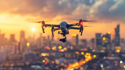 Drone launching from a platform for aerial photography against a picturesque clear blue sky