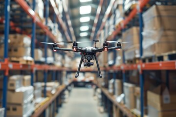 A close up of a drone autonomously navigating through a warehouse, conducting inventory checks with pinpoint accuracy, sharpened with copy space to emphasize innovation