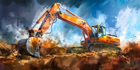 Childrens illustration of an excavator at a construction site for learning. Concept Construction Site, Excavator, Learning, Children's Illustration, Educational Content