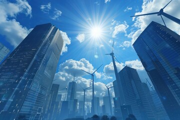 Modern cityscape with wind turbines against a sunny sky, showcasing ecofriendly urban development
