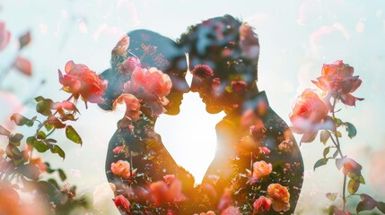 Romantic double exposure: couples dancing with roses