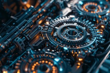 Fototapeta premium A close up of intricate gears within a hightech machinery system, each gear contributing to seamless operation, set against a hitech look concept background