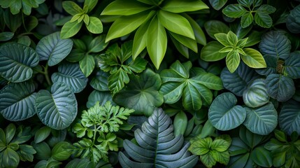 Tropical green plants on a living wall. Vertical garden.