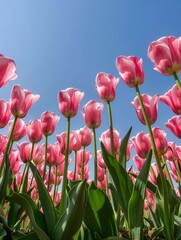 Vibrant pink tulips reaching up towards a clear blue sky, showcasing the beauty of spring flowers