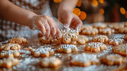 Homemade Christmas cookies are baked by a mother and her daughter during the holidays