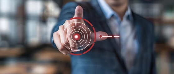 A closeup of a businessman pointing at a target market icon