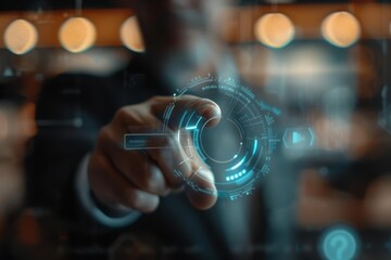 A closeup of a businessman pointing at a branding icon