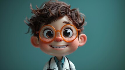Against a bright color background, a 3D style cartoon character of a medical doctor is displayed