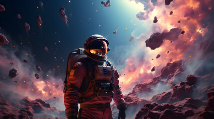 Illustration of man in space suit inside softly glowing pink and blue galactic cloud