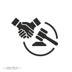 law agreement icon, legal settlement, litigation judgment concept, handshake with judge hammer, flat symbol on white background - editable stroke vector illustration