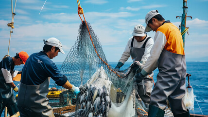 日本の漁師たちの網引き